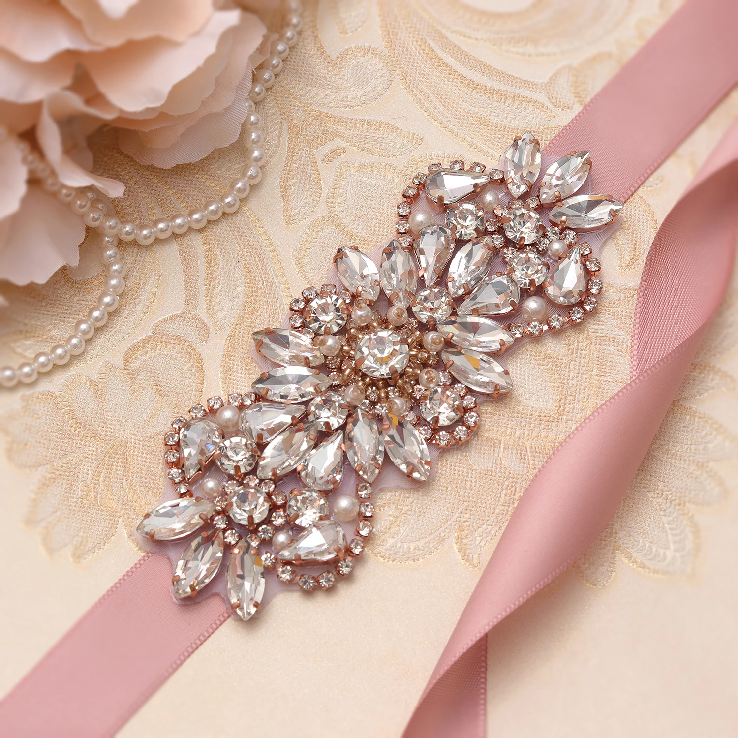 

MissRDress Sparkling Crystal Wedding Belt Rose Gold Rhinestones Bridal Belt Pearls Bridal Sash For Wedding Accessorie JK847