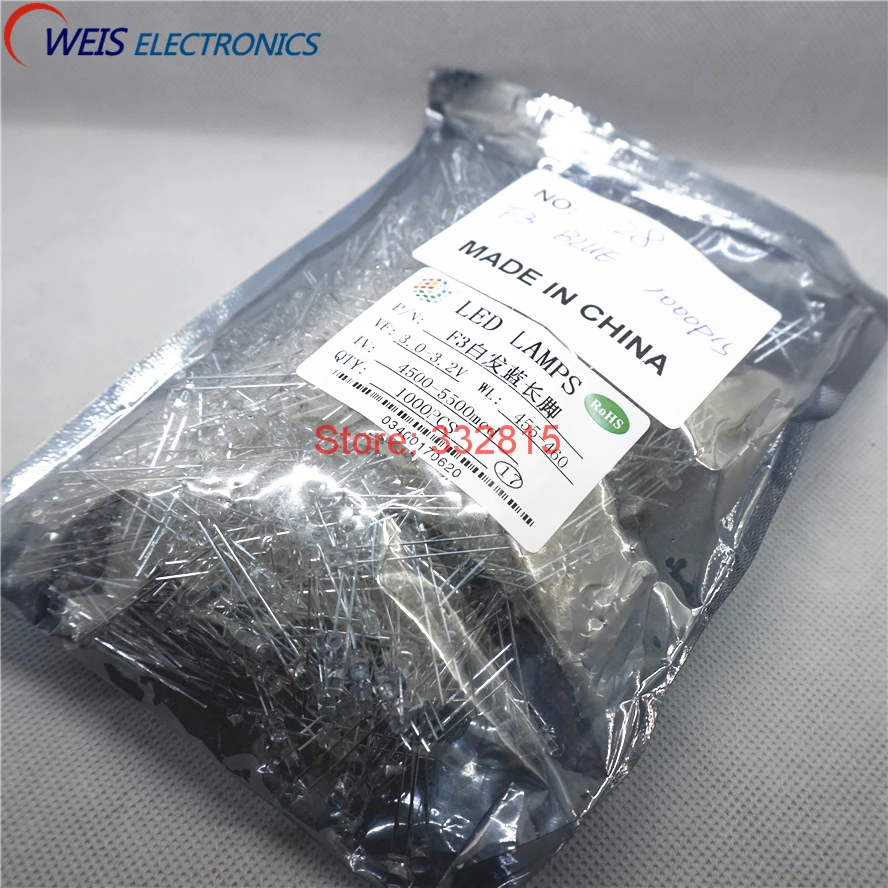 1000 шт. F3 синий светодиодный ОД DIP-2 3 мм круглые водопрозрачные длинные ножки 3,0-3,2 В 4500-ЛМ-мкд светоизлучающие диоды Бесплатная доставка D,