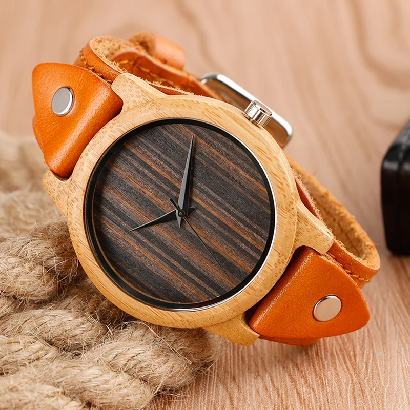 Коричневые наручные часы из натуральной кожи бамбукового дерева женский браслет