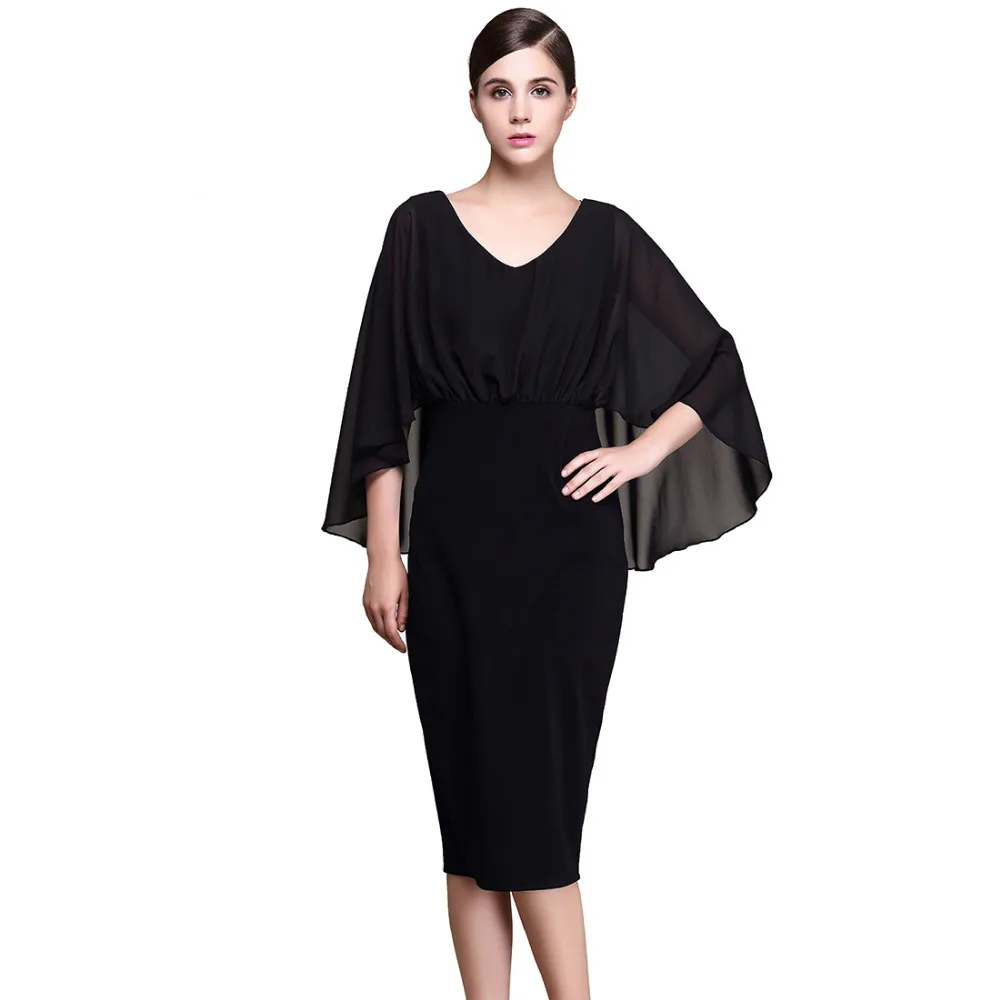 Black Dress Шифон Лоскутная Кабо Рукава Эластичный Bodycon Elegent Карандаш Платья