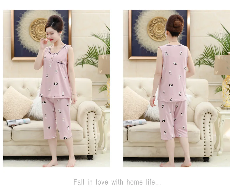 Хлопковый жилет укороченные брюки pijama для женщин Летний принт кружево дамы повседневный комплект с круглым вырезом shortless женский домашний костюм плюс размеры 4XL