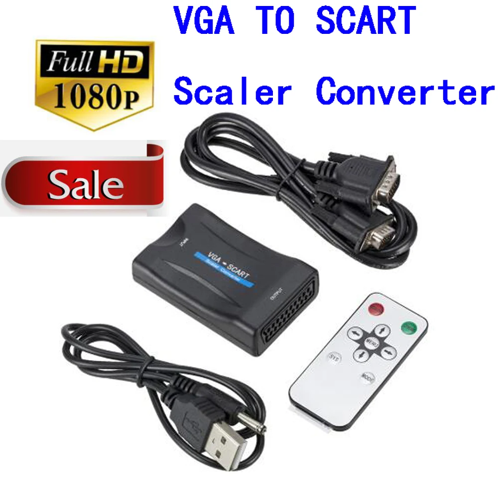 1080 P VGA в SCART HD видео конвертер адаптер+ инфракрасный пульт дистанционного управления+ USB кабель+ VGA кабель Поддержка OVERSCAN и UNDERSCAN