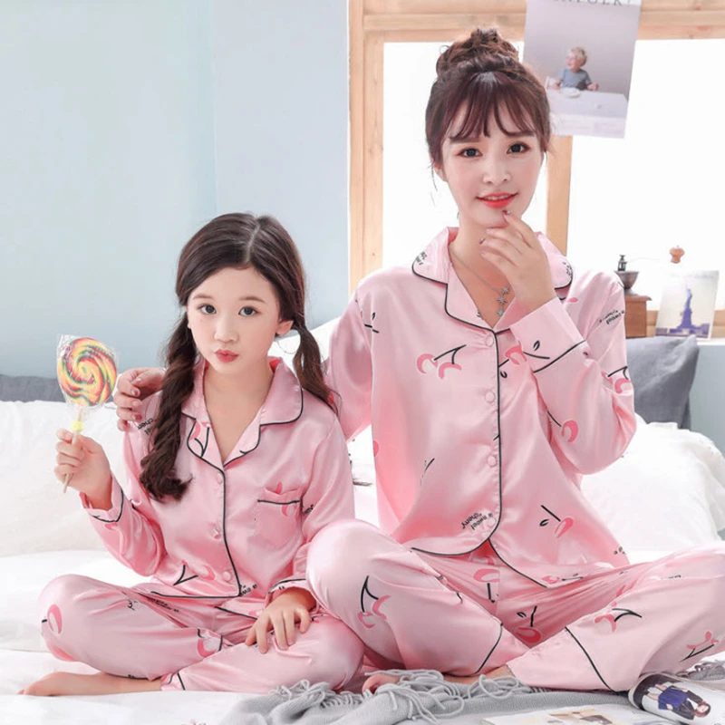 CherryPink Пижамные комплекты для мамы и дочки коллекция года, домашняя шелковая одежда для мальчиков и девочек пижама с длинными рукавами комплекты из 2 предметов одинаковые комплекты для семьи, PJ36 - Цвет: CherryPink