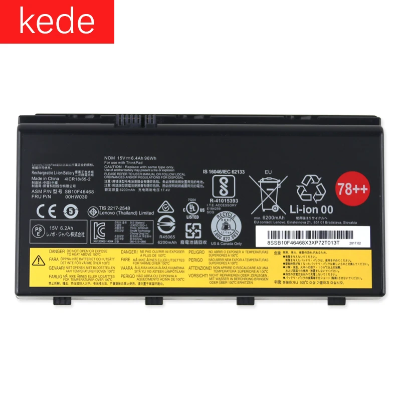 Kede Аккумулятор для ноутбука Lenovo ThinkPad P70 P71 P72 серии SB10F46468 00HW030 78 + 15В 96Wh