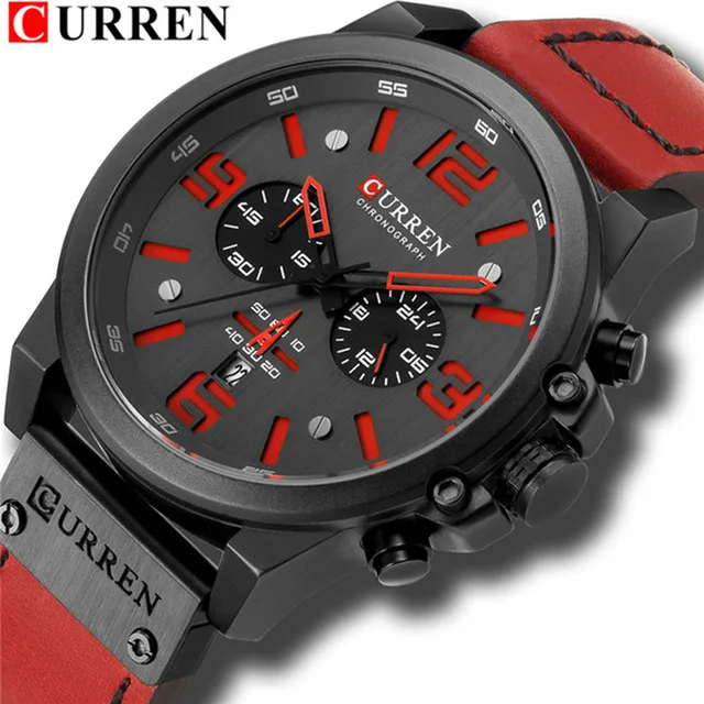 black red Curren Мужские часы Топ бренд класса люкс водонепроницаемые спортивные мужские наручные часы с хронографом армейские военные кожаные мужские часы - Цвет: black red