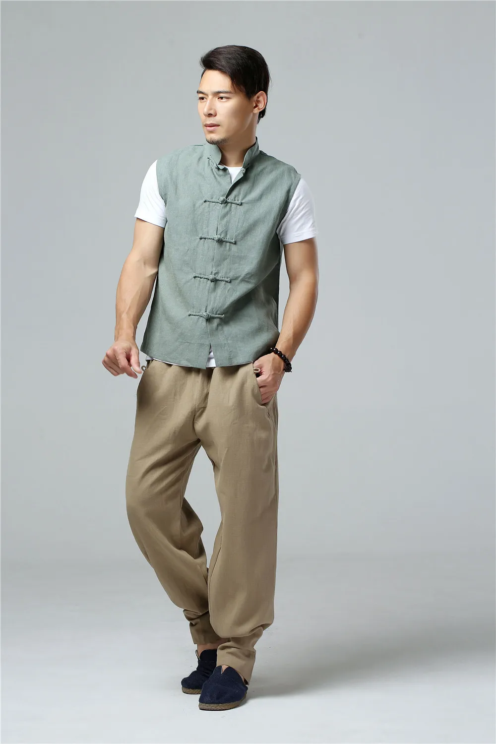 LZJN Men's Summer Waistcoat Chinese Style Vintage Breathable Linen Button Down Kung Fu Shirt Sleeveless Vest Jacket