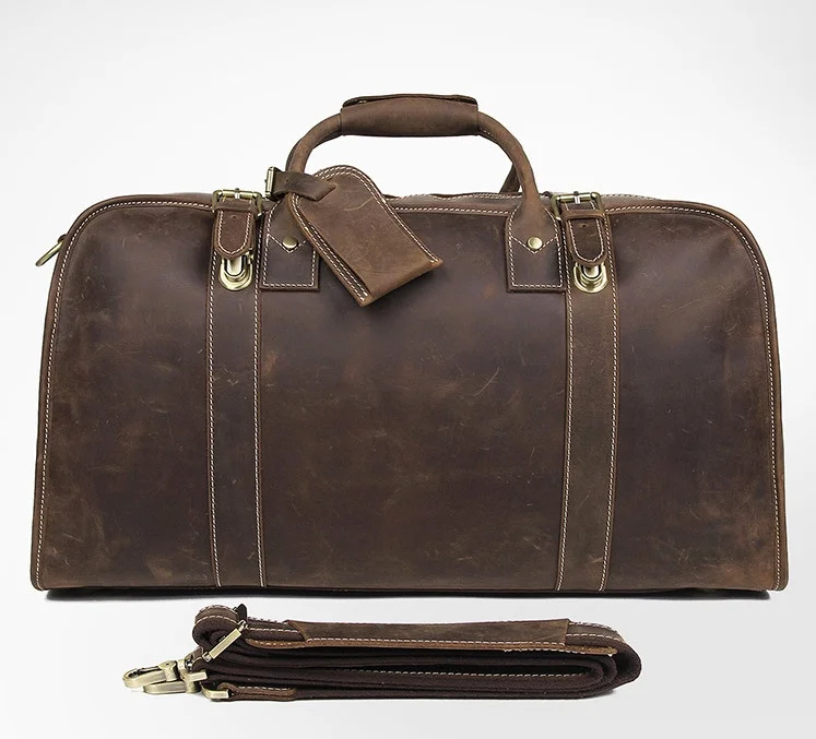 MAHEU Retro Style Leather Travel Handbag Fashion Crazy Horse Mens Leather Bag Shoulder Travel Bag Natural Cow Skin High Capacity
