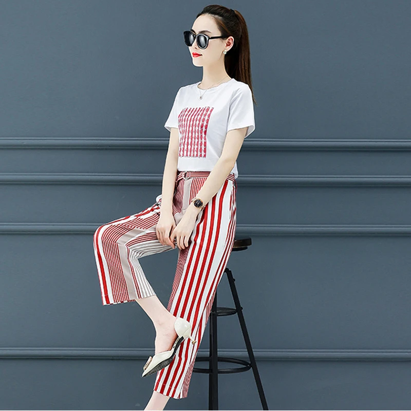 Корейский Летний комплект женские модные полосатые топы футболка в стиле