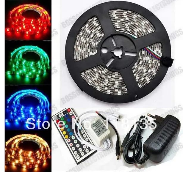 Неводонепроницаемая Светодиодная лента RGB 12 В 3528 60 светодиодов/м 5 м/лот 1 рулон/Лот + 44 клавиши ИК-контроллер + адаптер питания 24 Вт