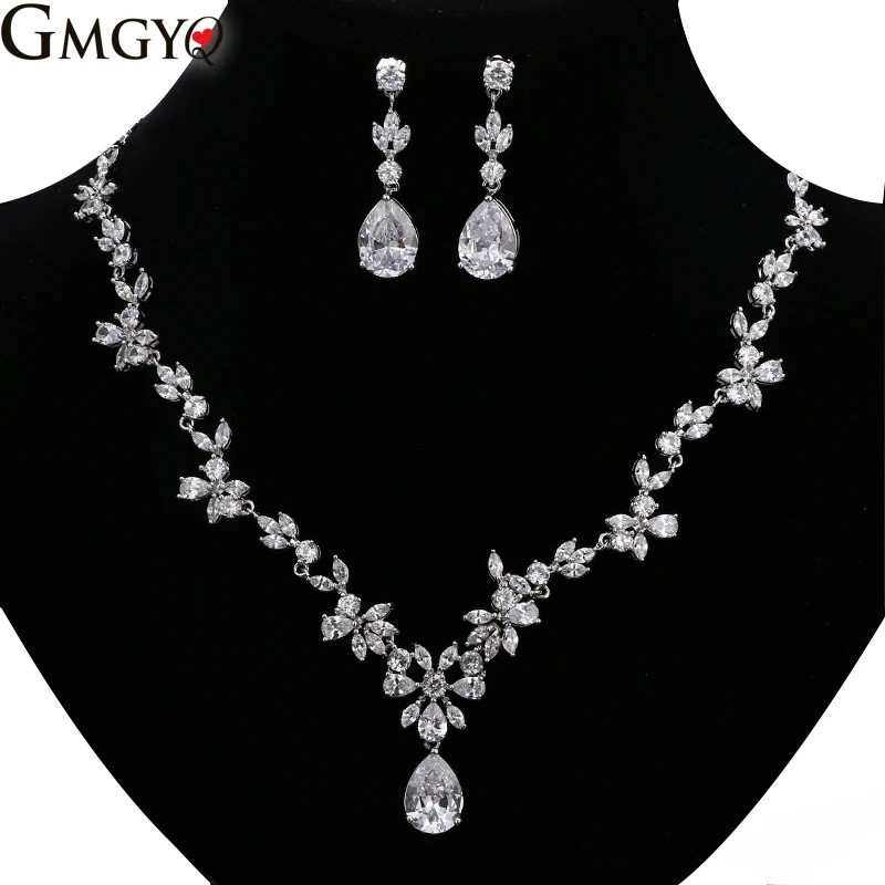 

GMGYQ Fashion 2018 New Wedding Costume Accessories Cubic Zircon Crystal Bridal Earrings And Necklace Jewelry Sets For Brides
