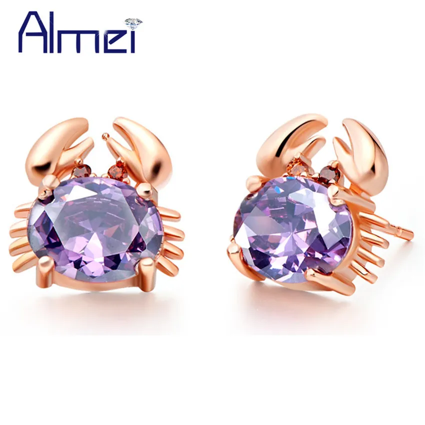 Almei Rose Gold Color Orecchini Red Crystal Earrings Women Children Korean Jewelry Cute Crab Animals Stud Earring Jewellery R695 | Украшения