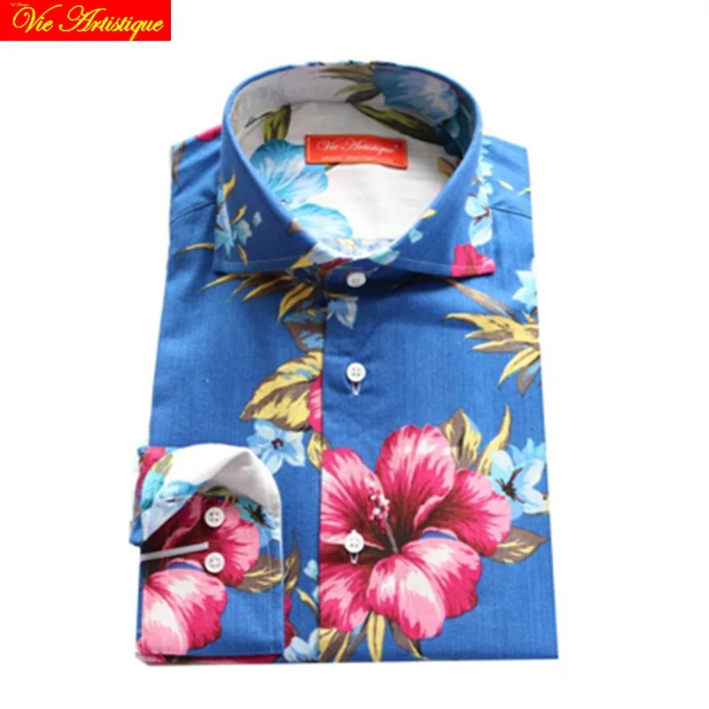 

blue floral shirt men's fashion dress shirts casual clothes 2018 summer long sleeve regular fit Hawaiian tailored bespoke MTM