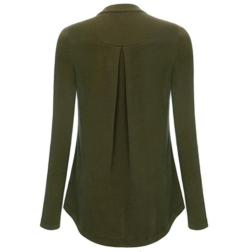 

Women Tops And Blouses Nice Fashion V Neck Button Half Sleeve Roll-up Sleeve Zipper Shirt Blouse Tops Pocket Autumn