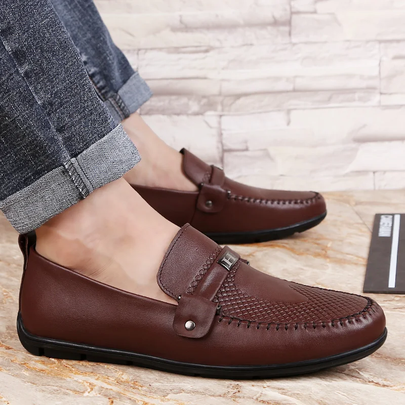 Loafers Genuine Leather Casual Men Shoes Fashion Embossing Boat Slip-On Soft Comfortable Driving Plus Size 36-47 | Обувь