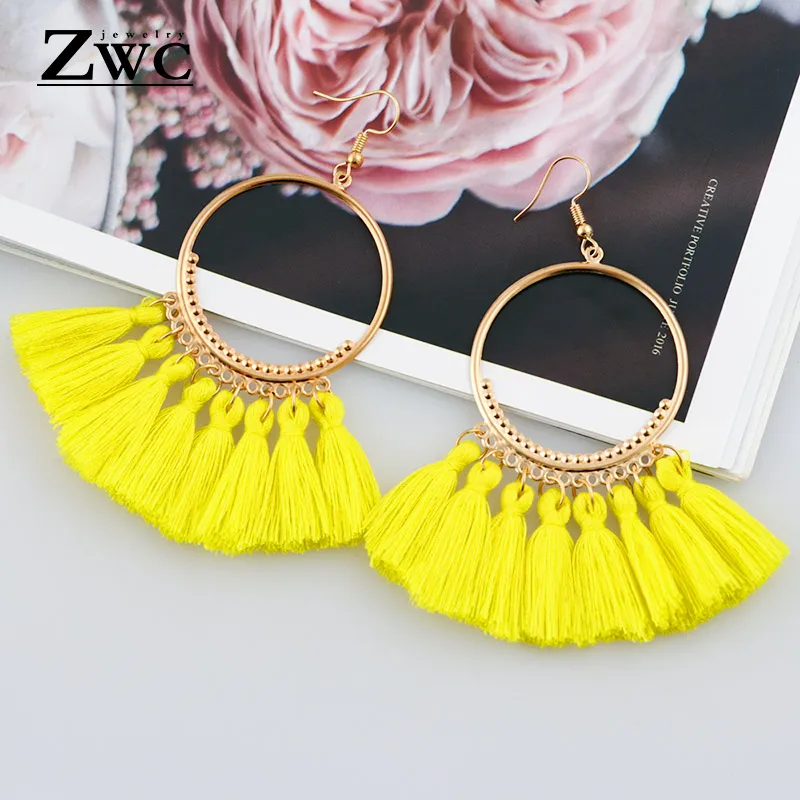 Yellow 1 ZWC богемные массивные круглые большие серьги с кисточками для женщин, национальные красные черные винтажные длинные серьги ручной работы с бахромой, ювелирные изделия - Metal Color: Yellow 1