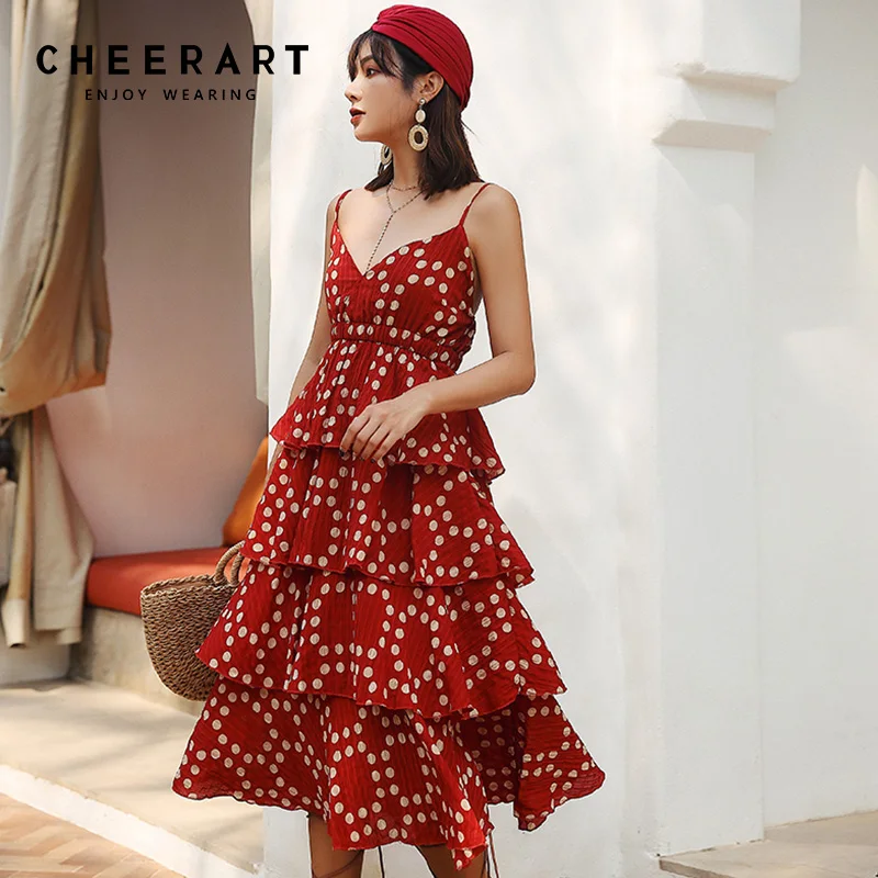 Женское пляжное платье в горошек Cheerart красное миди с открытой спиной на тонких