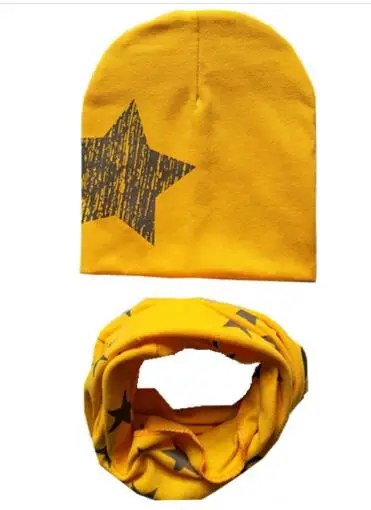 yellow big star set Коллекция года, осенне-зимний детский комплект с шапкой со звездой и смайликом, детский головной убор на весну, теплые детские вязаные шапки с воротником, комплекты хлопковая детская шапка и шарф - Цвет: yellow big star set