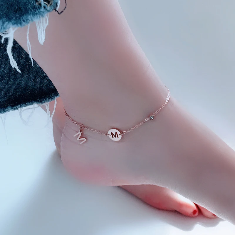 

YUN RUO 2021 New Fashion Rose Gold Color M Letter Anklet Chic Style Woman 316 L Titanium Steel Jewelry Top Quality Never Fade