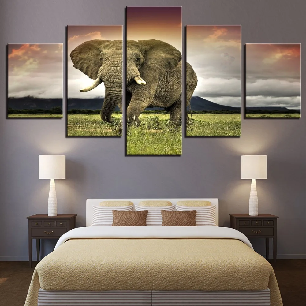 Плакат на холсте с принтом слонов траве 5 панелей Настенная картина модульные