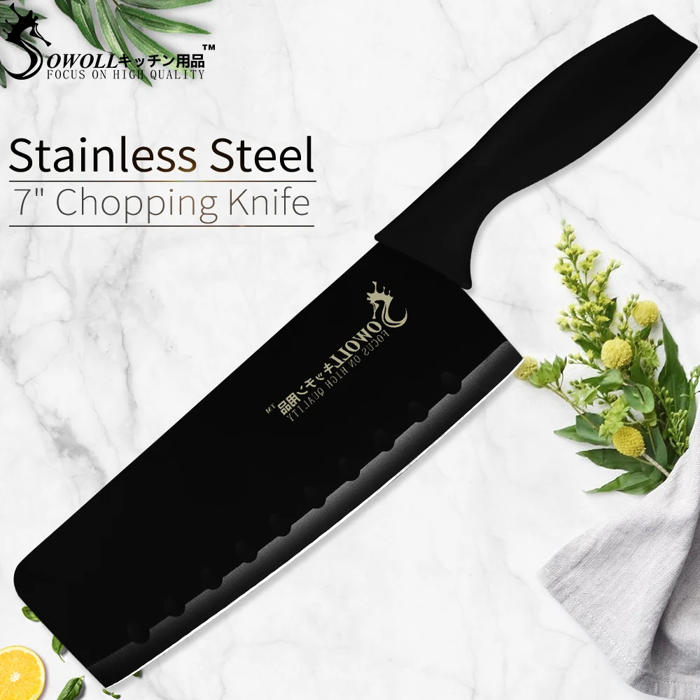 SOWOLL Nakiri лезвия из нержавеющей стали кухонные ножи 7-дюймовый нож для резки ABS + TPR