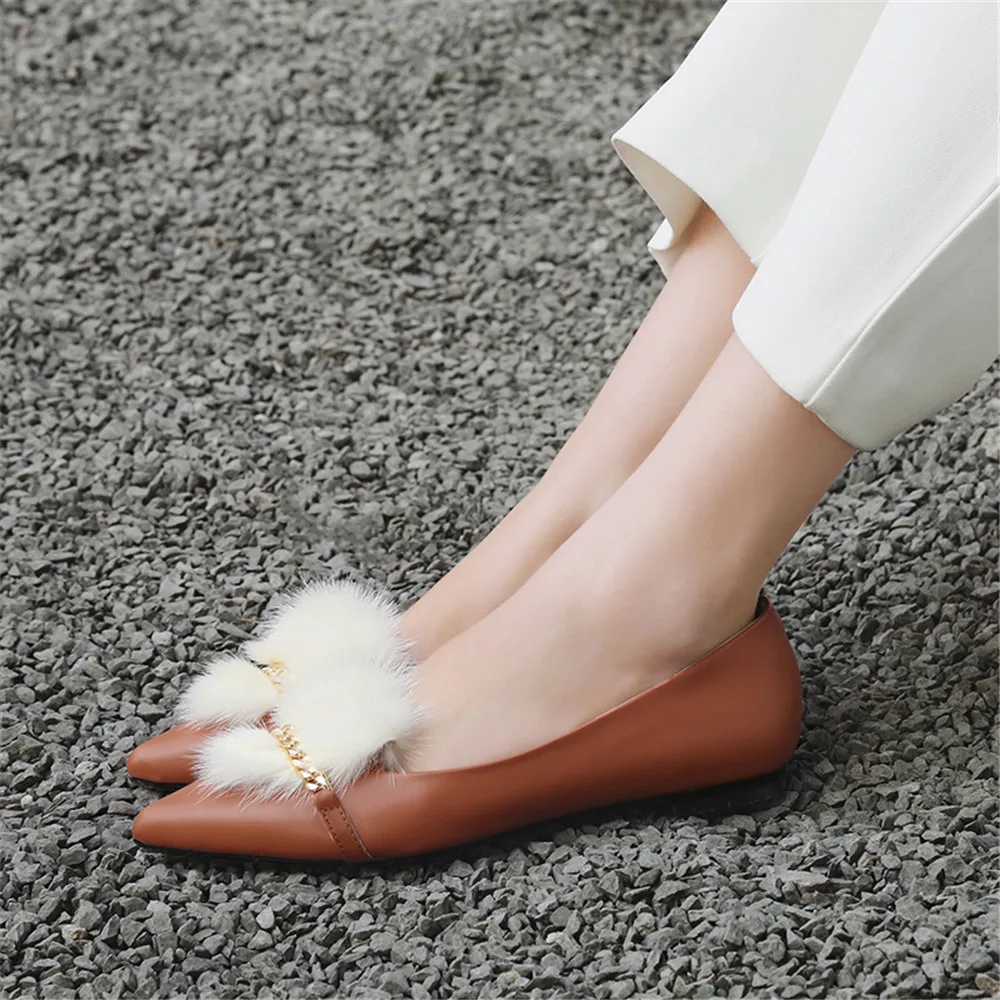 

Drestrive Fashion Full Genuine Leather Women Flats Large Size 32-43 Pigskin Lining Ermine Fur Spring Slip On Shallow Cow Leather