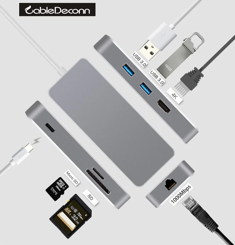 USB C концентратор Thunderbolt 3 док станция USB3.1 Тип к HDMI 0 Ethernet RJ45 TF SD Кабель адаптер для