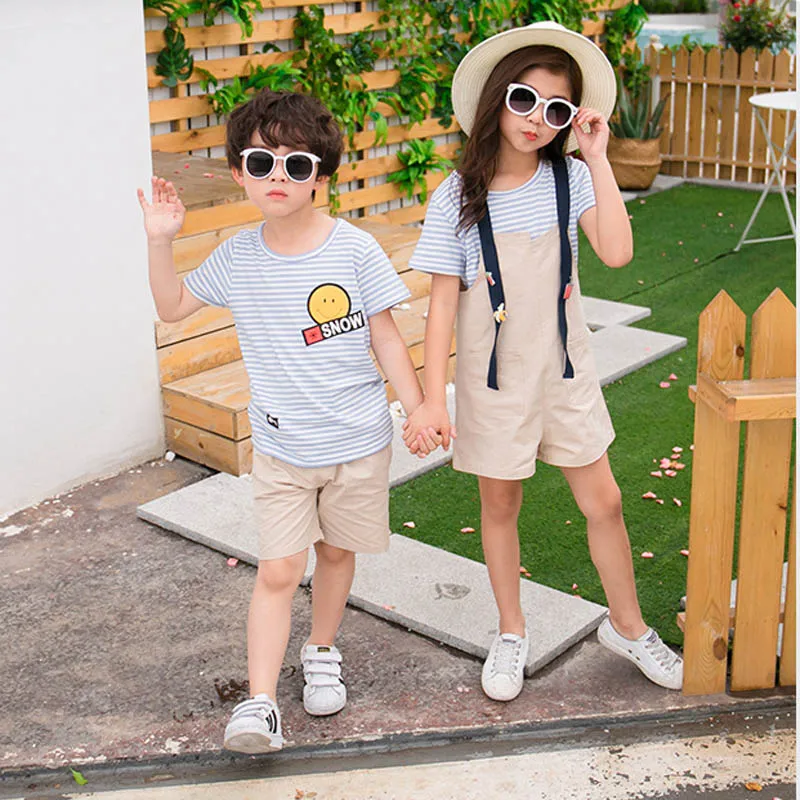 Family Matching Outfits Striped Mother Daughter Overalls Clothes Father And Son T Shirt Short Pants