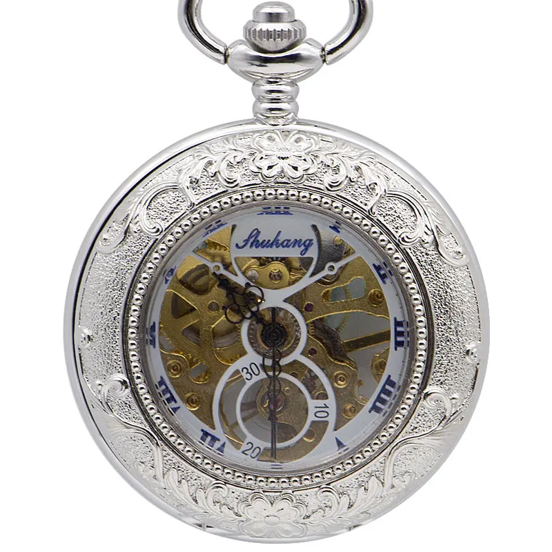 Fashion Skeleton Watches Steampunk Silver Classic Vintage Mechanical Pocket Watch Best Gift Box for Men Women PJX1369