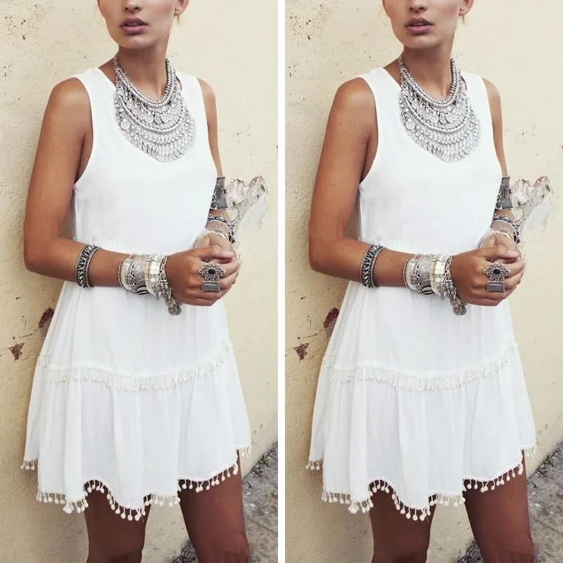 Feitong Hot Fashion Bohemia Style Women Summer Sexy White Dress O neck Sleeveless Tassel Mini Clothes Free Shipping | Электроника