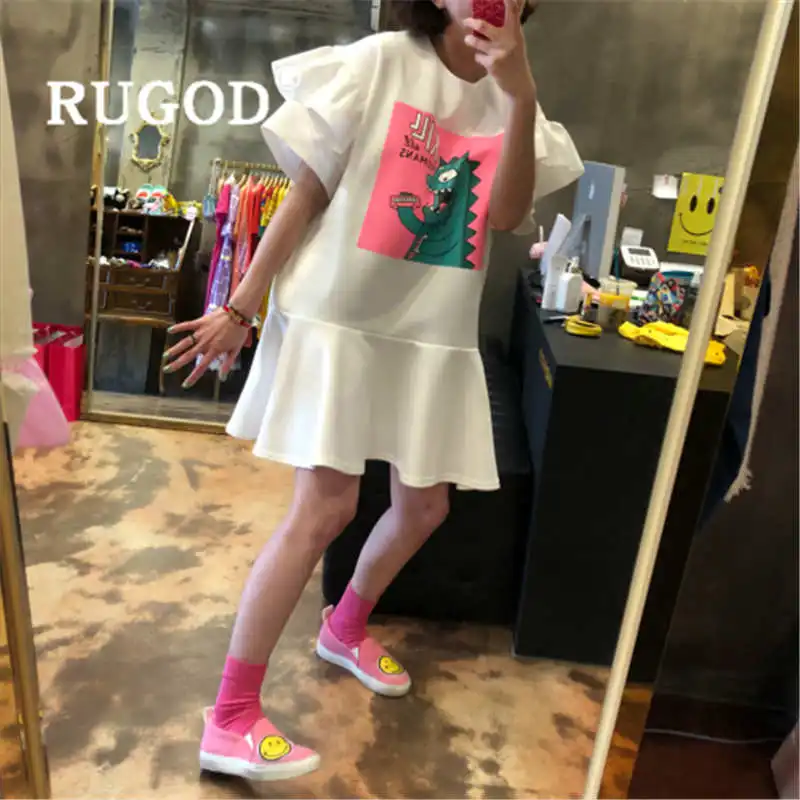 Женское свободное платье RUGOD летнее с круглым вырезом и принтом динозавра