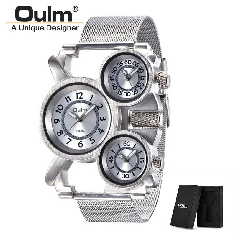 C3(with box) Мужские часы, Прямая поставка, Oulm, Лидирующий бренд, роскошные, военные, кварцевые часы, уникальные, 3 небольших циферблата, с сетчатым ремешком, мужские наручные часы erkek saat - Цвет: C3(with box)