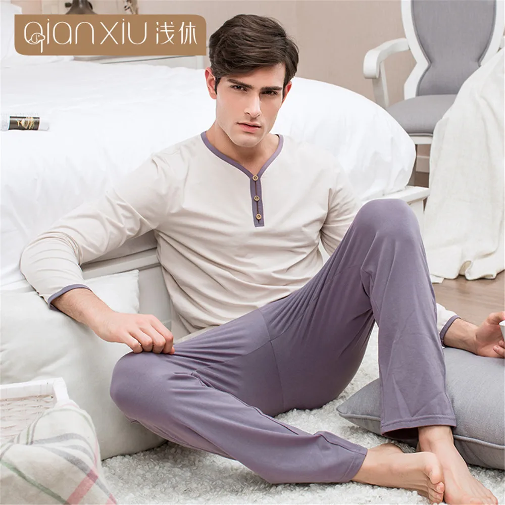 

Qianxiu Casual Homewear Men Pajamas Lovers Suit For Sleep Long-Sleeved Pants Pajama Suit Cotton v-Neck Men Sleepwear 2018 Autumn