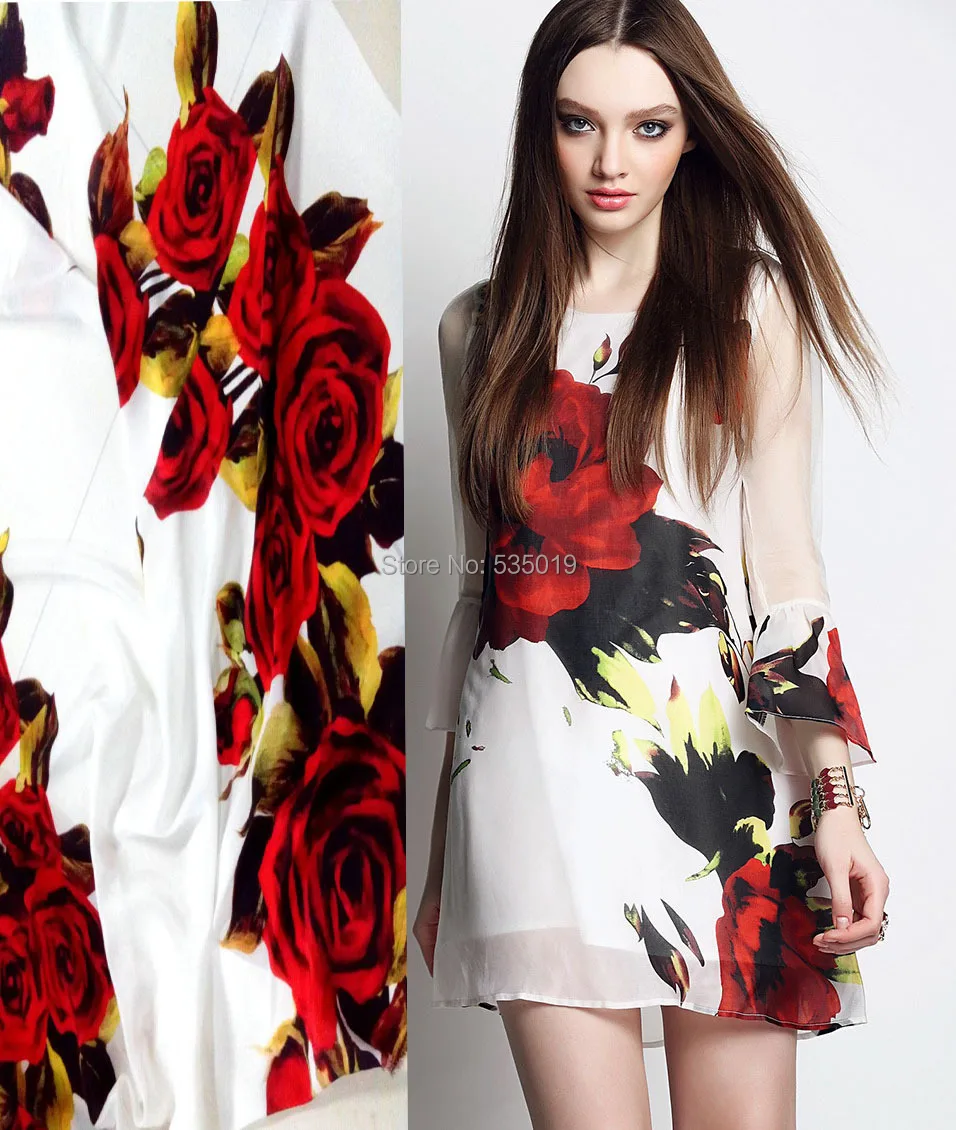 

High Quality 2015 New spring fashion styles Summer Formal Dress Red Flowers Digital Printed Fabric Super crepe Heavy Silk Fabric
