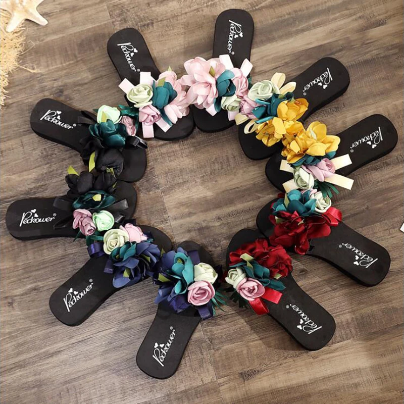 Шлепанцы женские с цветами сандалии на платформе пляжная обувь домашние тапочки