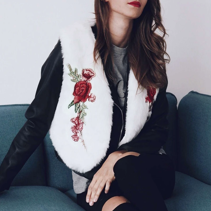 Белый меховой жилет модная Розовая вышивка искусственный мех куртки черный плюс