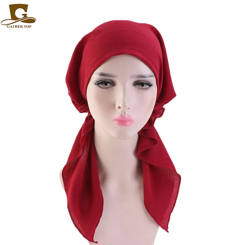 Fashion Women Turban Solid Color Pre-tie Headwear Chemo Cap Print Flower Soft Hat Headscarf Wrap Cancer Hair Accessories |