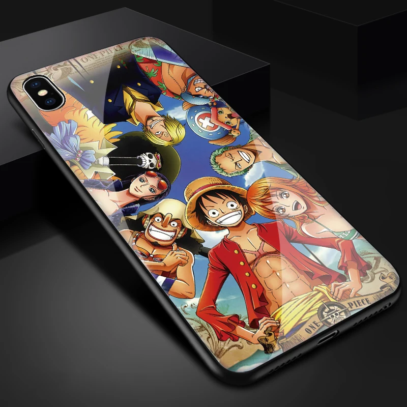 Cartoon One Piece Apple XS max / XR Explosion-proof glass phone case cute female iphone 6S 7/ 8plus anti-fall mobile bag | Мобильные