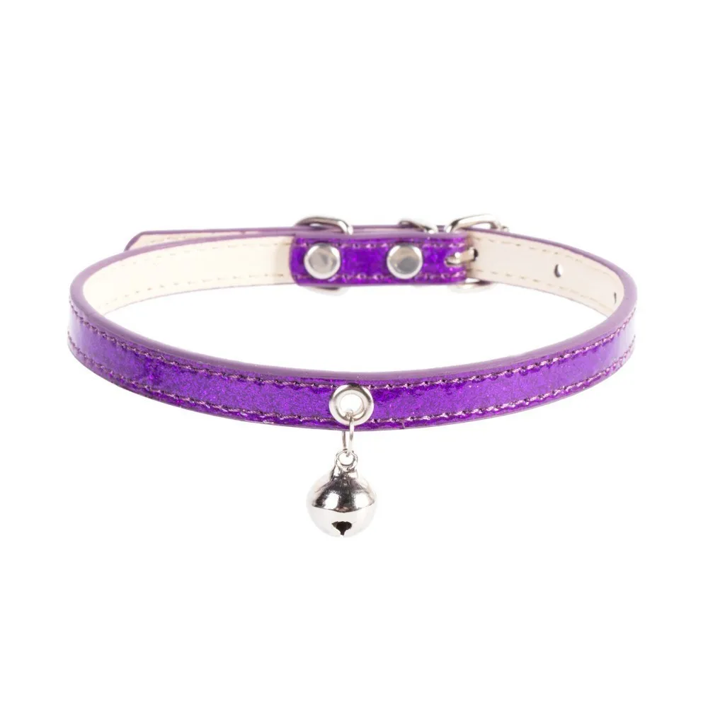 Purple(Alloy) Кожаный ошейник для маленьких собак и кошек с колокольчиком, регулируемые ремни для кошек и котят, ошейники для щенков, ошейники для чихуахуа, товары для домашних животных - Цвет: Purple(Alloy)