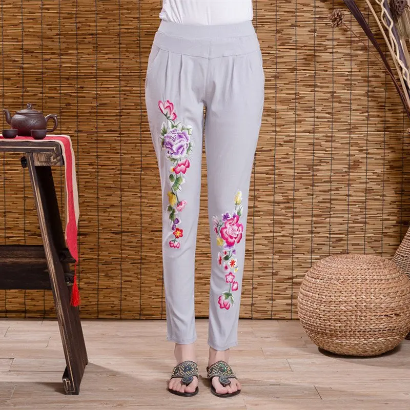 Брюки-султанки женские в этническом стиле модные штаны с цветочной вышивкой