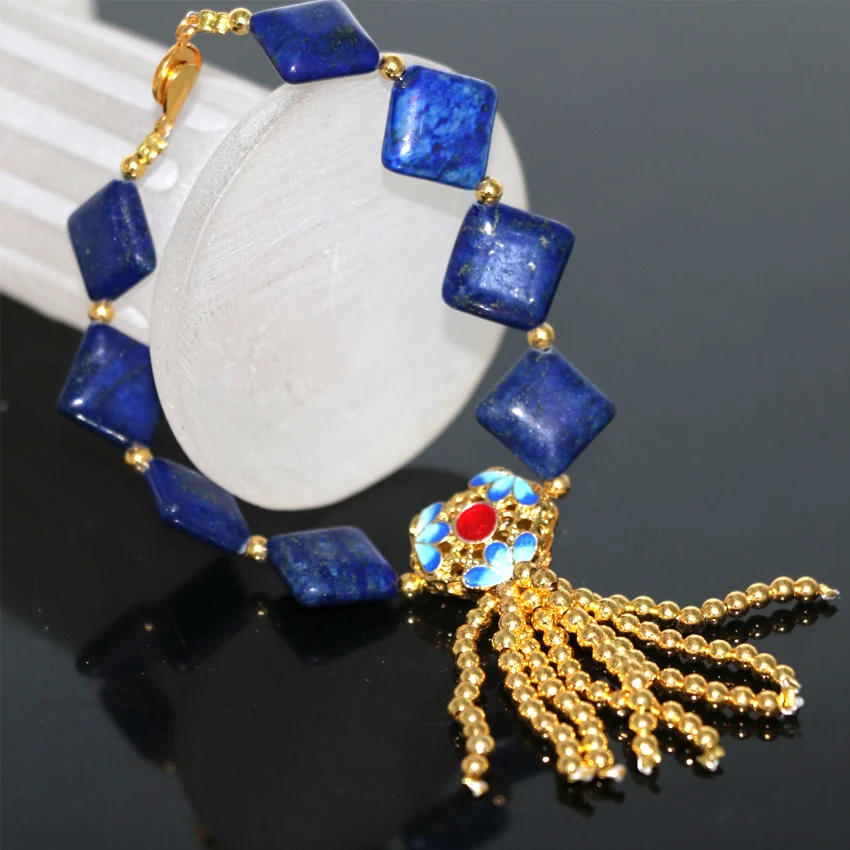 Модные 12 мм натуральный камень Синий Лазурит площадь бусы браслеты