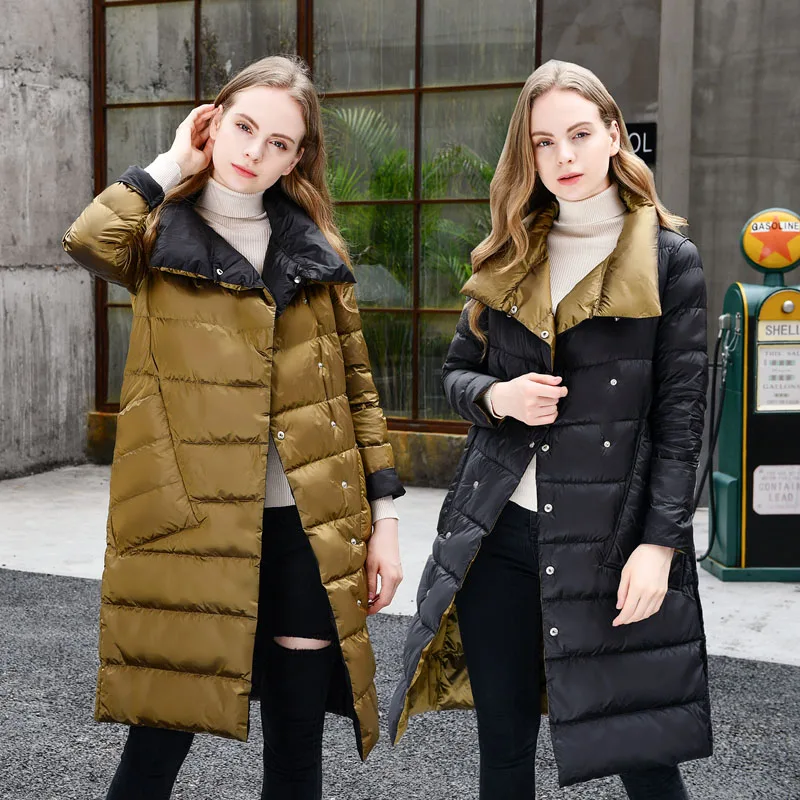 Gold black Two Side Wear Autumn Winter 90% White Duck Down Coat Women Light Down Long jacket Women warm Parkas A124 - Цвет: Gold black