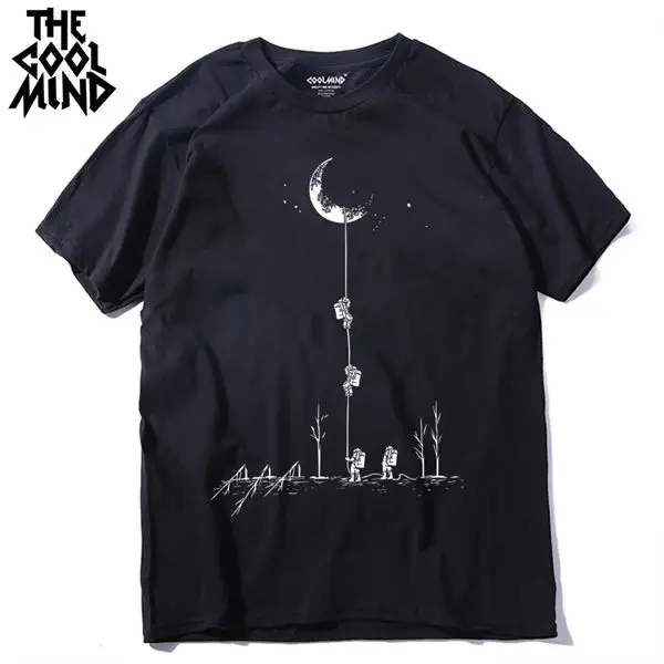 COOLMIND хлопок Повседневная футболка с коротким рукавом moon theam Мужская футболка с круглым вырезом трикотажная удобная ткань уличный стиль Мужская футболка - Цвет: BLK1
