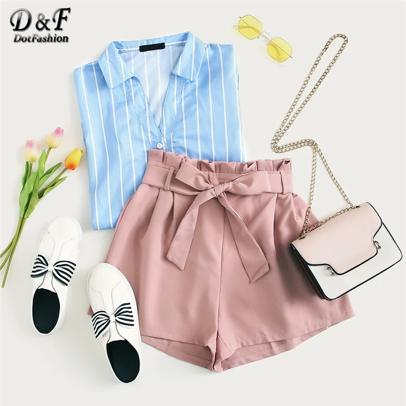 Dotfashion, однотонные шорты с завязками на талии, женские шорты, летние повседневные шорты, женские модные широкие шорты с высокой талией