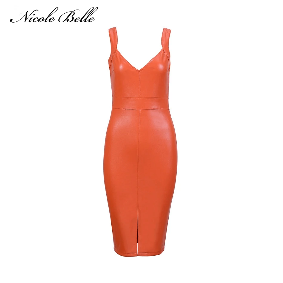 NICOLE BELLE2019new Мода знаменитостей Подиум pu платье Оранжевый v образный вырез клинья