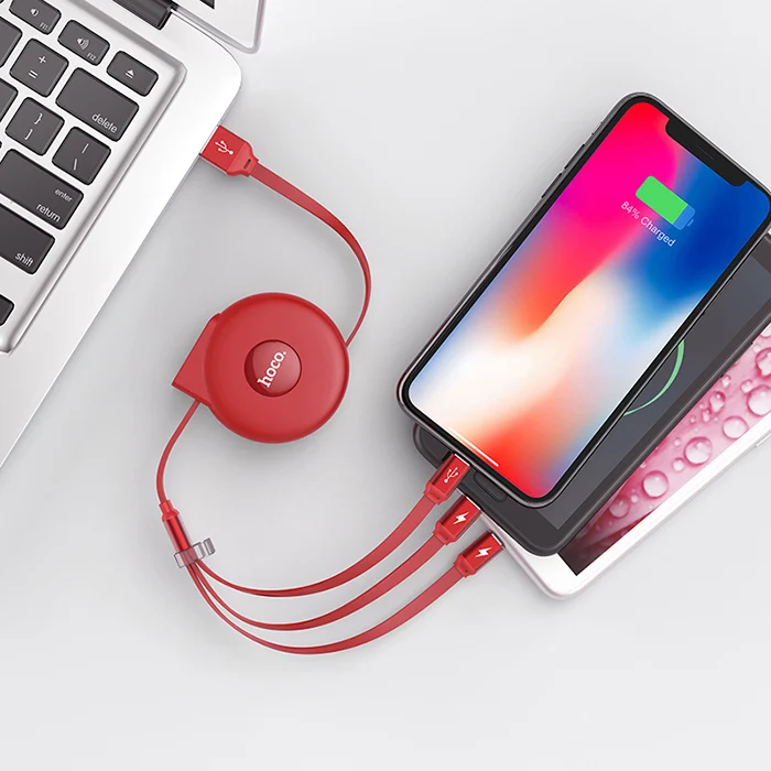 HOCO 3 в 1 usb зарядный кабель гибкий Регулируемый USB Быстрый зарядный кабель Micro USB+ USB 3,1 Тип C для iPhone samsung huawei - Цвет: Красный