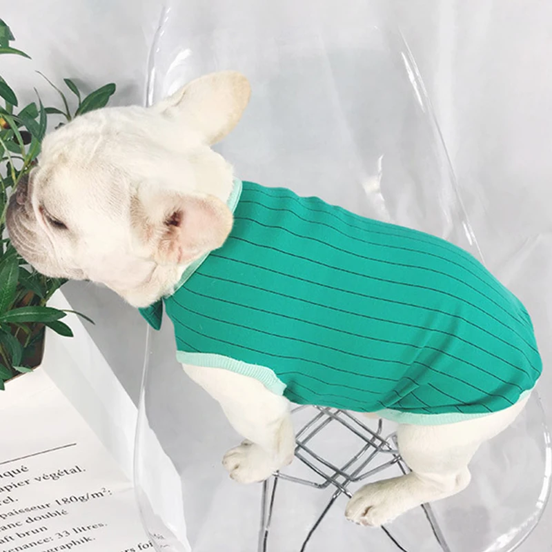 New Bow Tie Cotton French Bulldog Summer Cool Striped Vest Pet Dog Clothes for Small Dogs Pets Clothing Pug Breathable Costume | Дом и сад