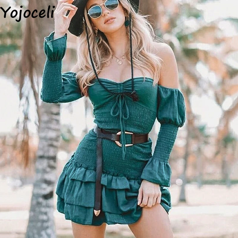Yojoceli сексуальное элегантное короткое платье с рюшами женское осенне зимнее мини