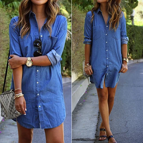 Женская Джинсовая блузка с длинным рукавом Повседневная рубашка карманами