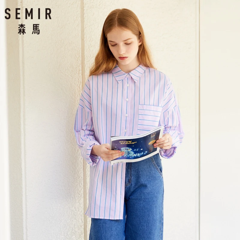 SEMIR Женская длинная рубашка из 100% хлопка в полоску с спущенными плечами для