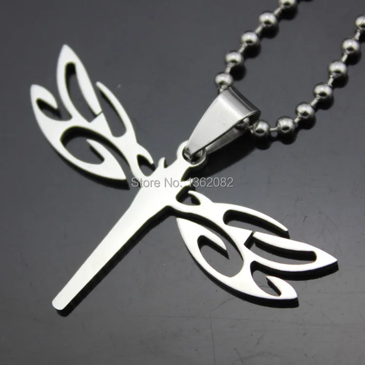 Модное серебристое ожерелье из нержавеющей стали с полым кулоном в виде стрекозы